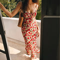 Romantic Vintage Beach Vacation Style Tie-Waist Floral Wrap Bodice Fitted Long Strap Dress