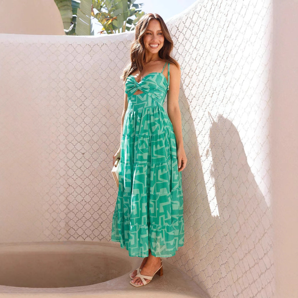 Fashion printed camisole sleeveless long dress for women
