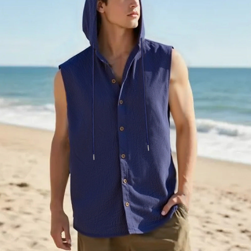 Casual Sleeveless Hooded Linen Vest for Men Breathable Solid ColorSummer Fashion