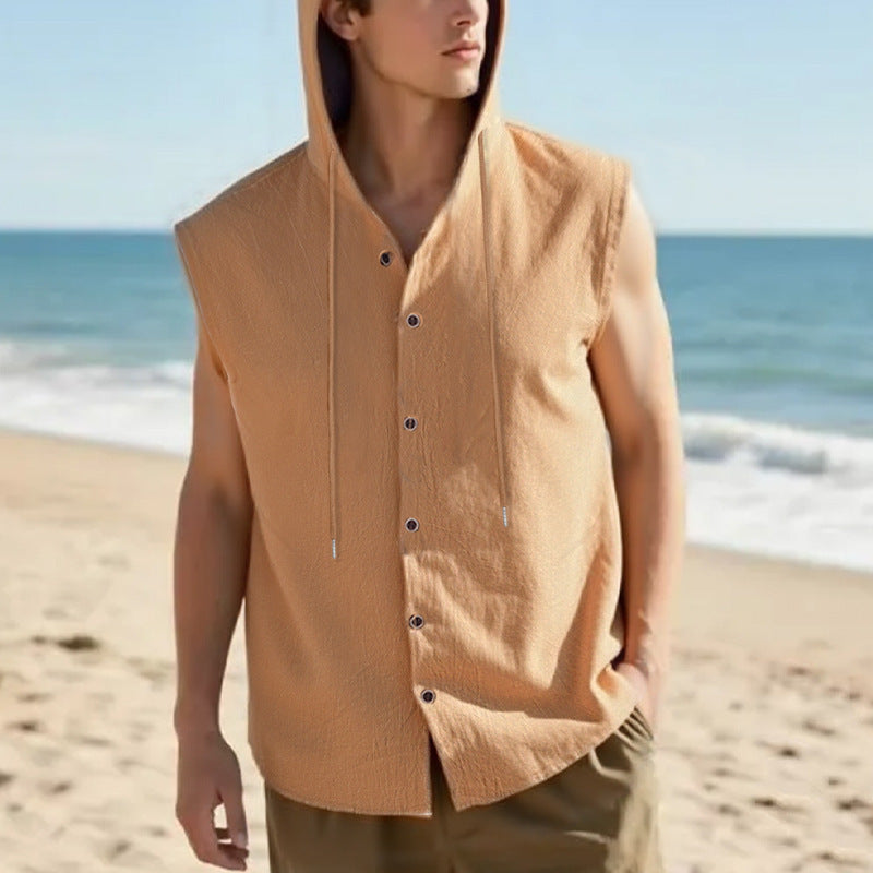 Casual Sleeveless Hooded Linen Vest for Men Breathable Solid ColorSummer Fashion