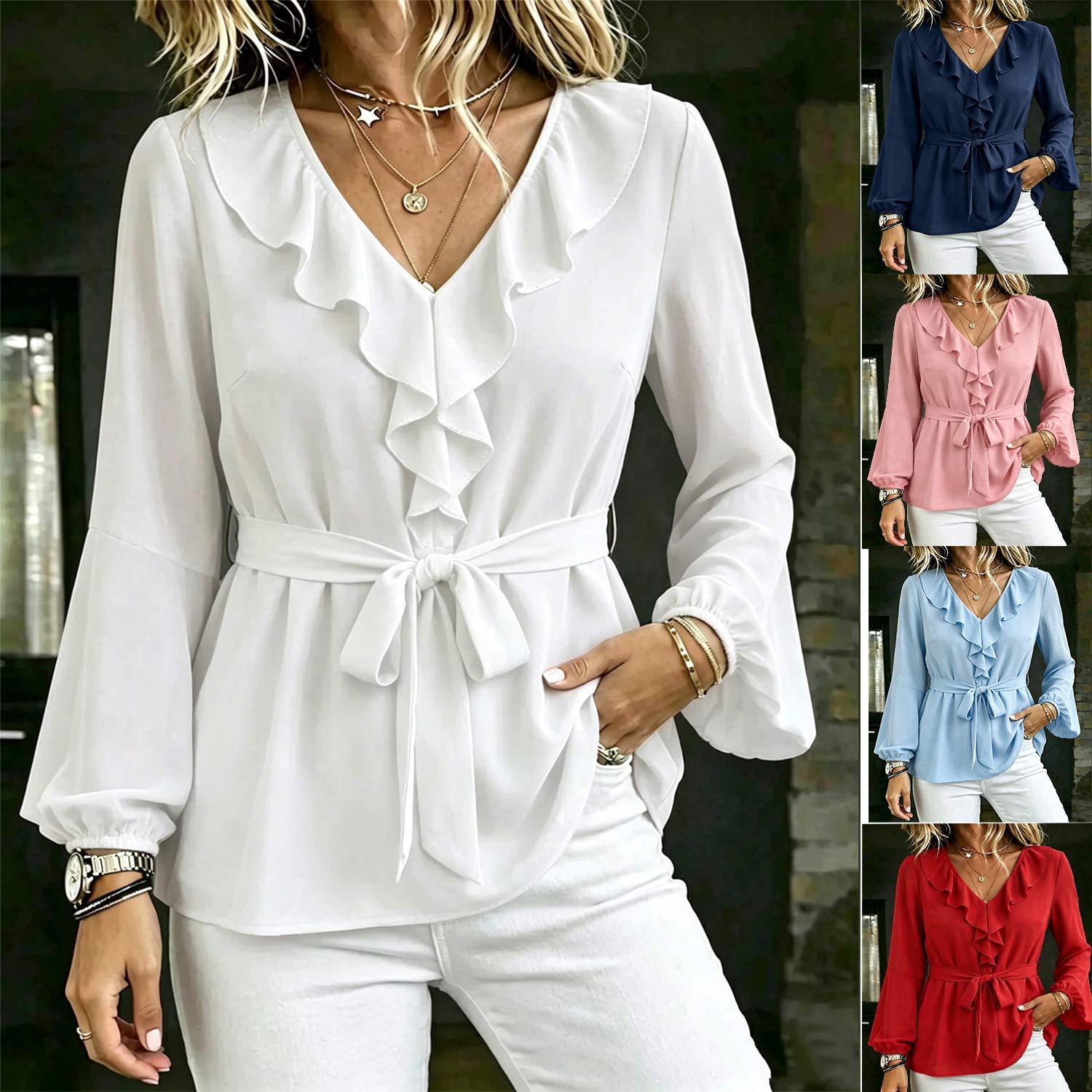 Elegant Women's V-Neck Ruffle Blouse with Tie Waist, Lantern Sleeves Long Sleeve Top