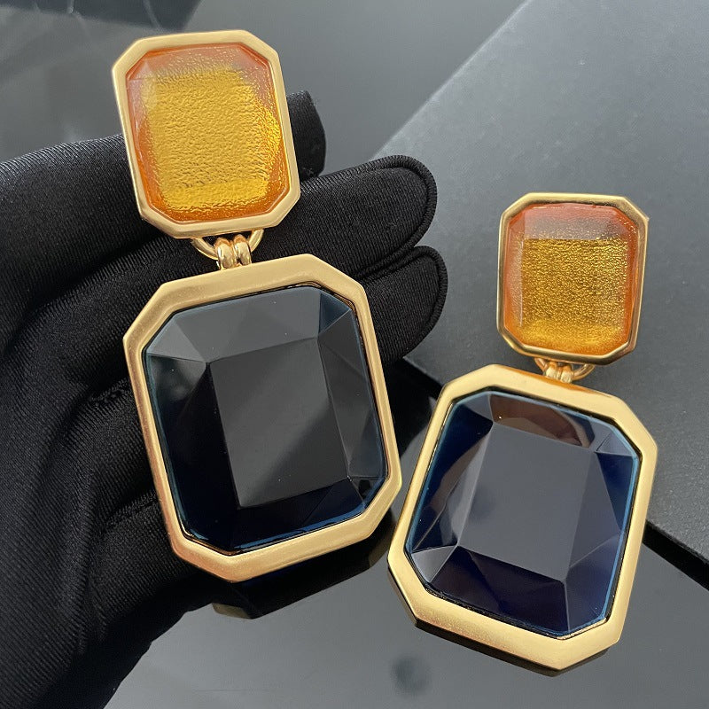 European and American fashion, exaggerated personality, glass crystal earrings, high-end fashion, fashion show, square silver needle earrings, earrings for women