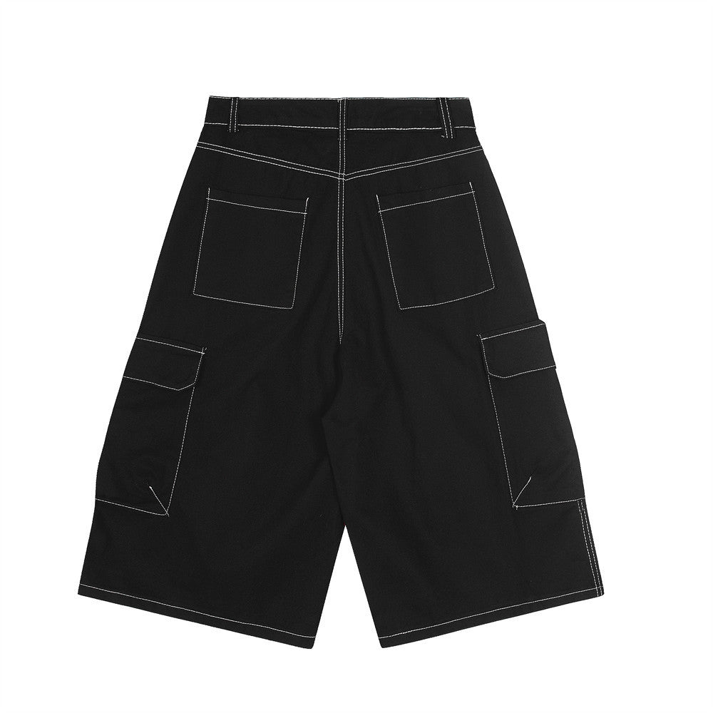 High Street American Style Workwear Cargo Shorts for Men with Topstitching Design and Metal Accessories, Multi-Pocket Denim Shorts