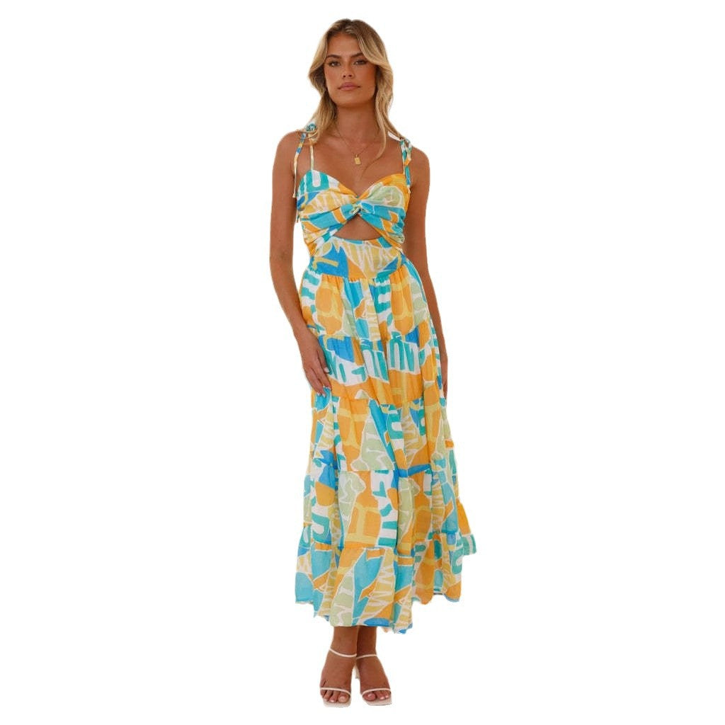 Fashion printed camisole sleeveless long dress for women