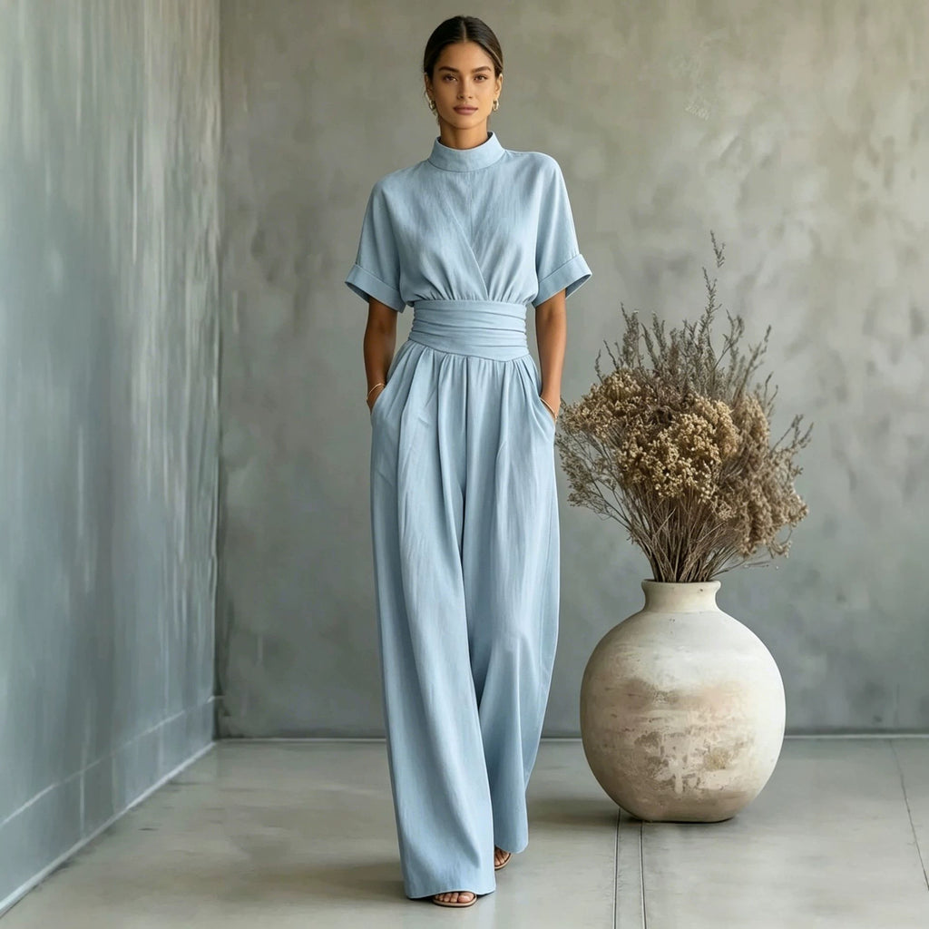 Half high neck short sleeved wide leg jumpsuit