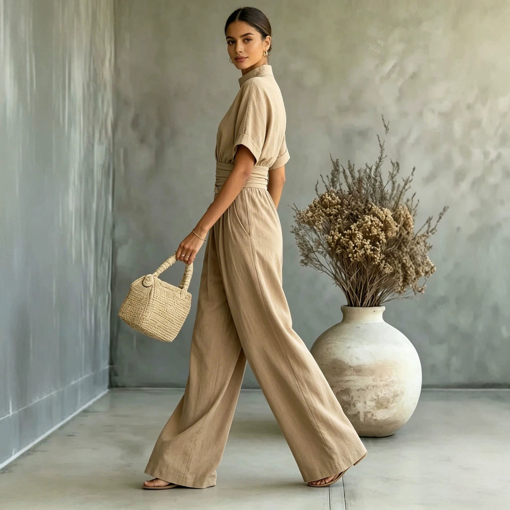 Half high neck short sleeved wide leg jumpsuit