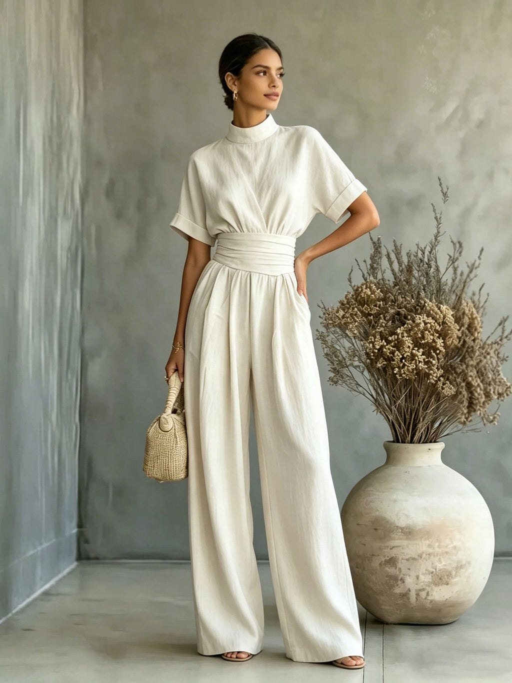 Half high neck short sleeved wide leg jumpsuit