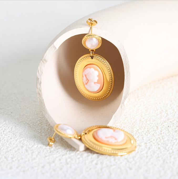 Baroque imitation pearl oval portrait metallic earrings women fashion trend titanium steel gold plated earrings accessories