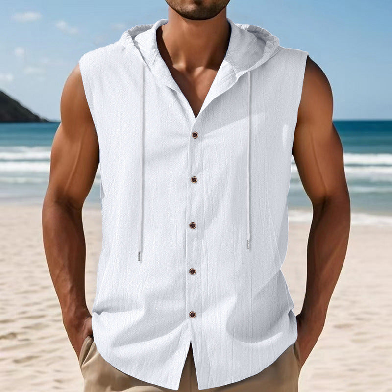 Casual Sleeveless Hooded Linen Vest for Men Breathable Solid ColorSummer Fashion
