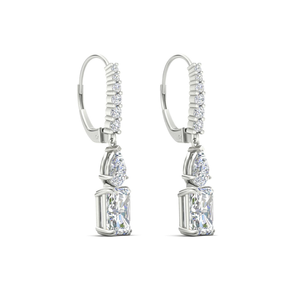 Radiant And Pear Cut Diamond Lever Back Drop Earrings